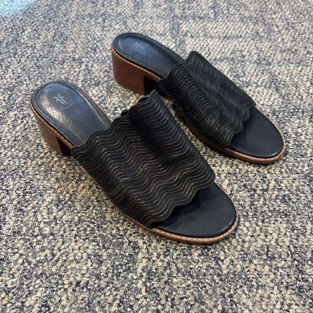 Frye Leather Cindy Mule Sandals Size 8.5 Black Heeled